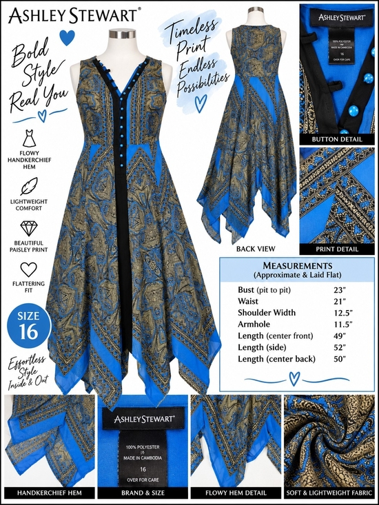 Ashley Stewart Dresses & Skirts - Ashley Stewart Blue and Gold Paisley Asymmetrical Handkerchief Hem Dress